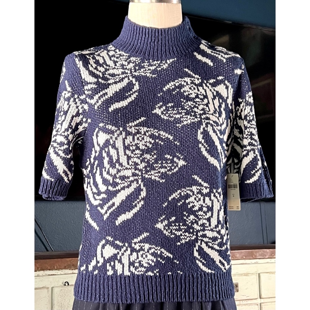 Anthropologie Navy and Cream Floral Turtleneck Sweater